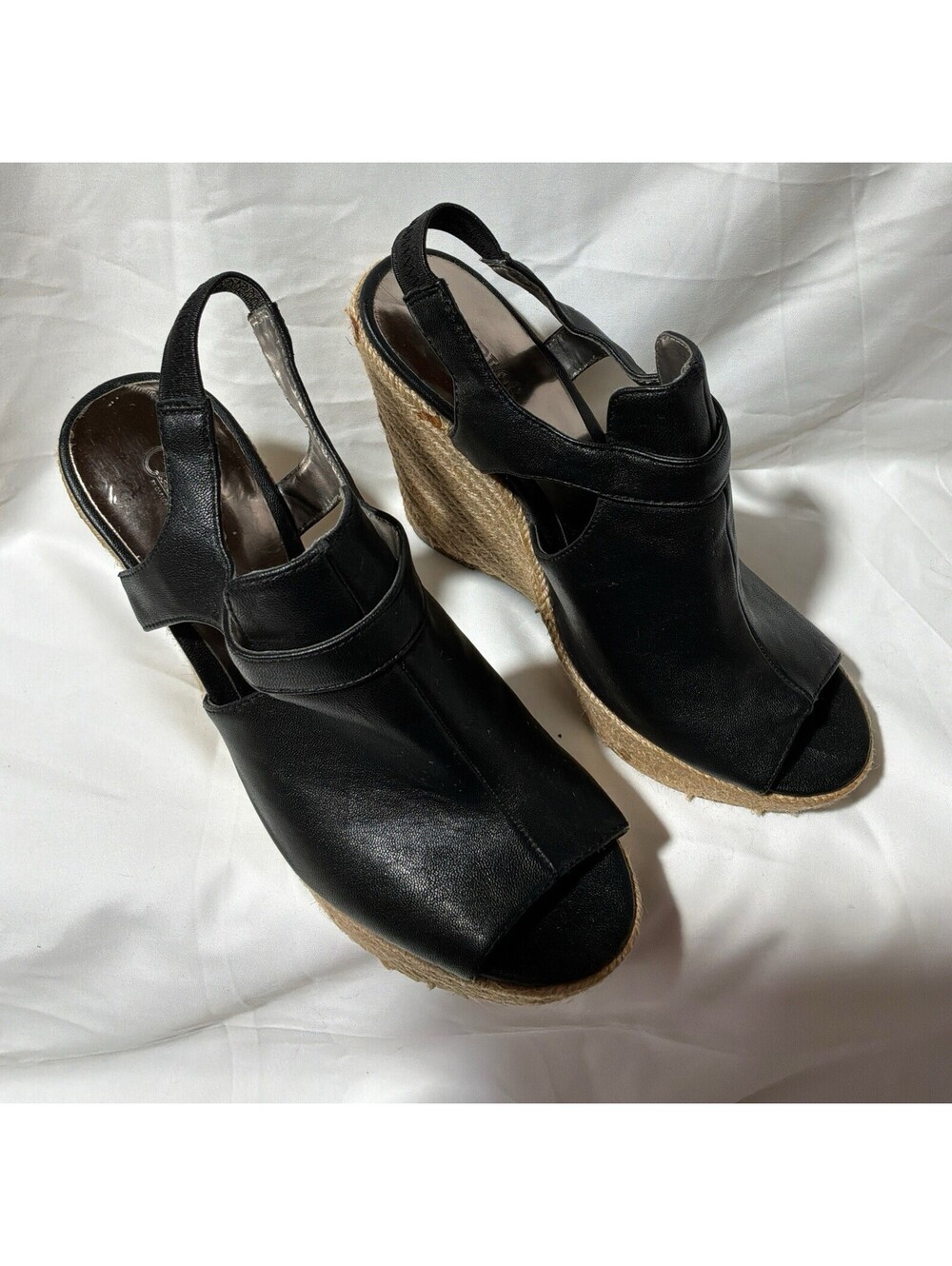 black leather espadrille wedge sandals with a peep-toe design